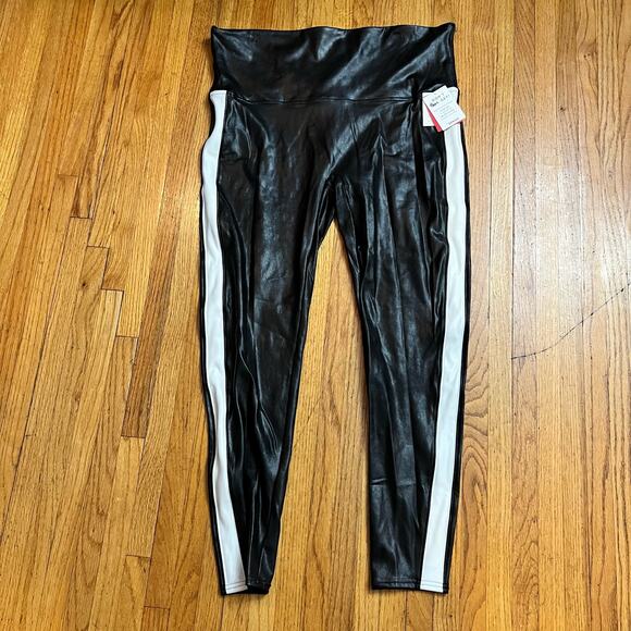 Spanx Faux Leather Leggings Womens 3XL Track Stripe Black White Skinny High Rise - Picture 1 of 8